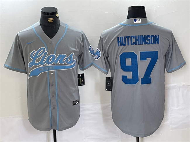 Men's Detroit Lions #97 Aidan Hutchinson Gray Cool Base Stitched Baseball Jersey